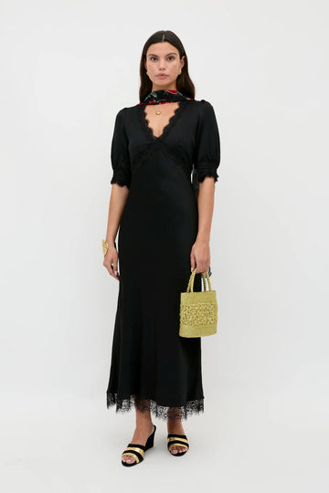 RIXO Annina Satin Midi Dress Black