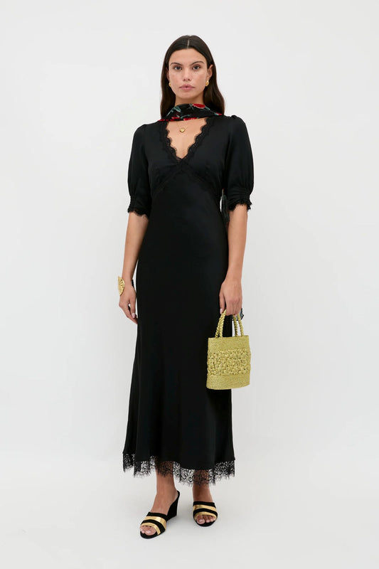 RIXO Annina Satin Midi Dress Black