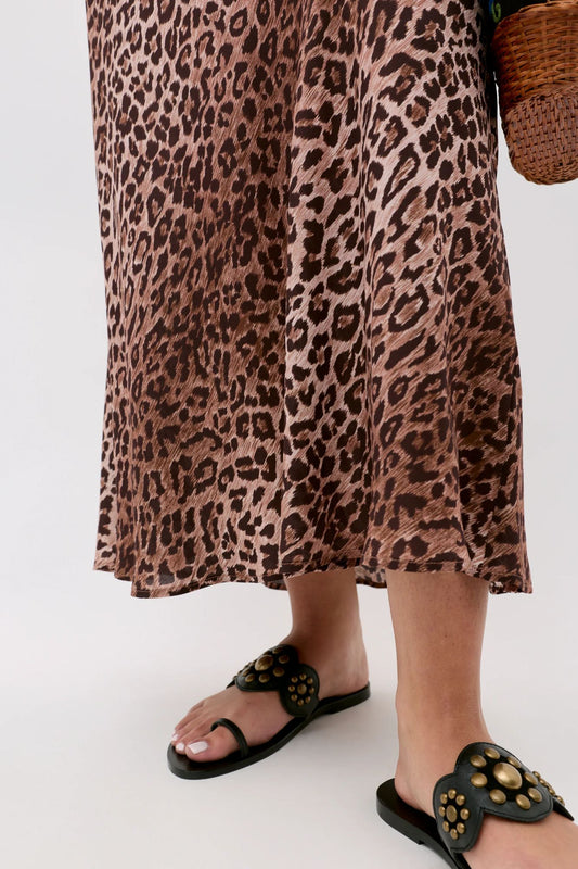 RIXO Kelly Silk Midi Skirt Leopard Brown