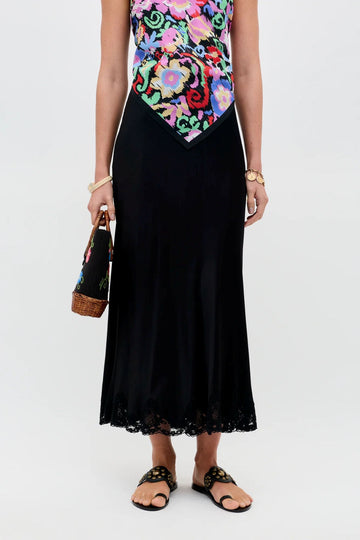 Rixo Crystal Satin Midi Skirt Black