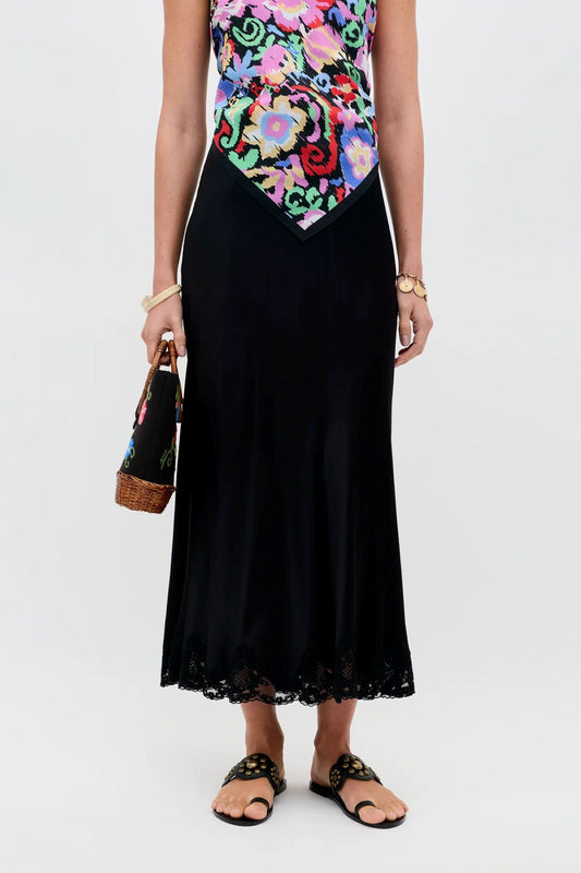 Rixo Crystal Satin Midi Skirt Black