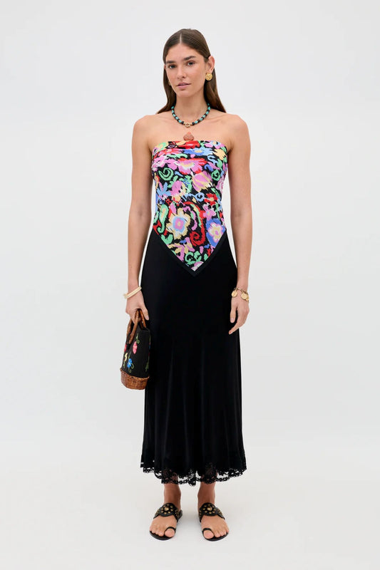 Rixo Crystal Satin Midi Skirt Black