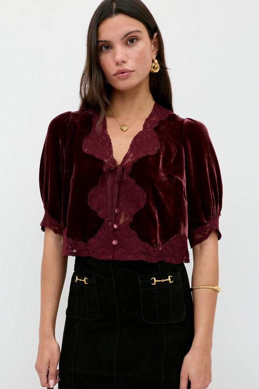 RIXO Ursula Silk Velvet Top Bordeaux