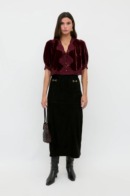 RIXO Ursula Silk Velvet Top Bordeaux