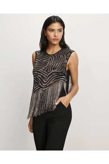 Veronica Beard Olivia Beaded Fringe Top Black