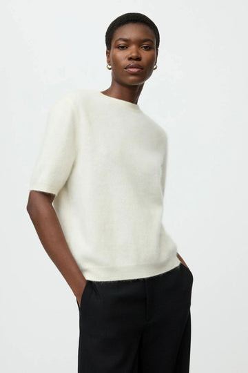 Soft Goat Brushed Short Sleeve Sweater Feather White
