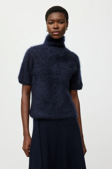 Soft Goat Brushed Short Sleeve Turtleneck Sweater Navy