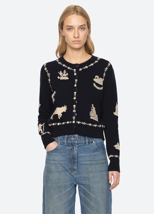 Sea NY Margeurite Lace Patch Cardigan Navy