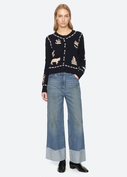 Sea NY Margeurite Lace Patch Cardigan Navy