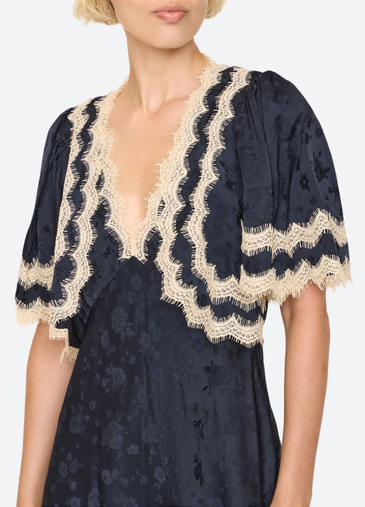 Sea NY Shay Lace Cape Midi Dress Navy