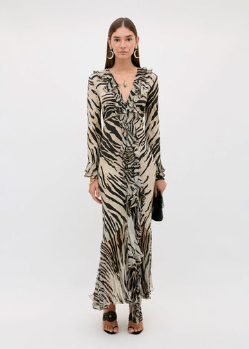 RIXO Provence Silk Dress Cooper Tiger Beige