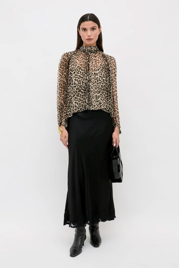 RIXO Crystal Satin Midi Skirt Floral Black