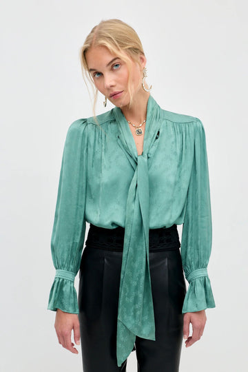 RIXO Evanora Satin Jacquard Blouse Floral Sage Green