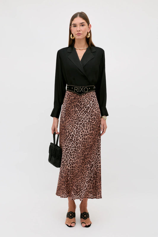 RIXO Kelly Silk Midi Skirt Leopard Brown