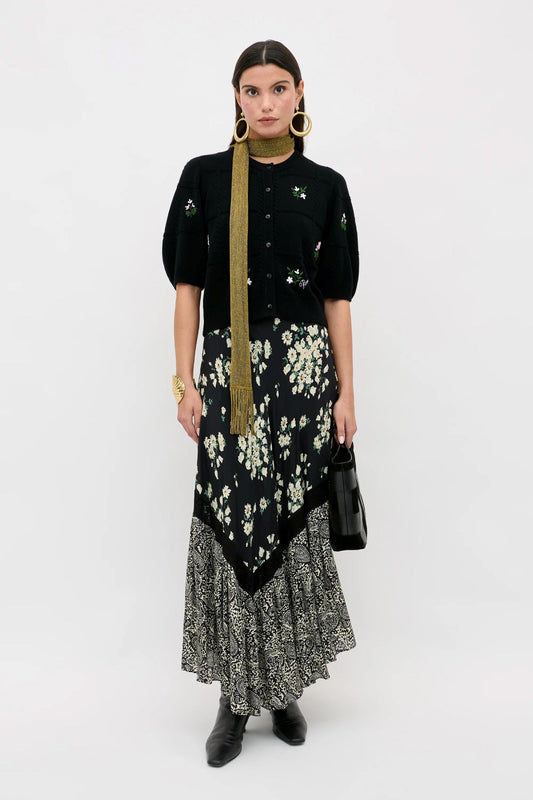 Rixo Minta Wool Cardigan Summer Bud Embroidery Black