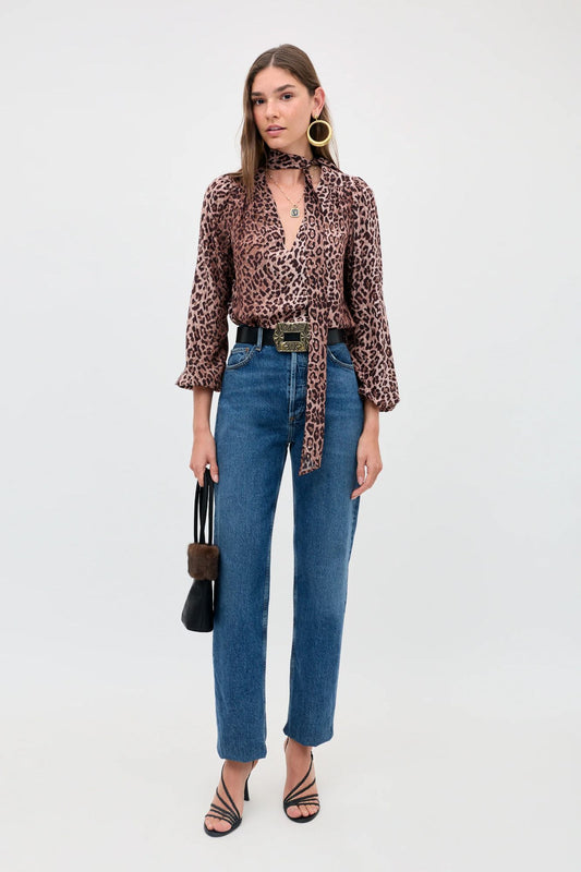 RIXO Moss Silk Blouse Brown Leopard