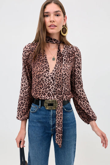 RIXO Moss Silk Blouse Brown Leopard