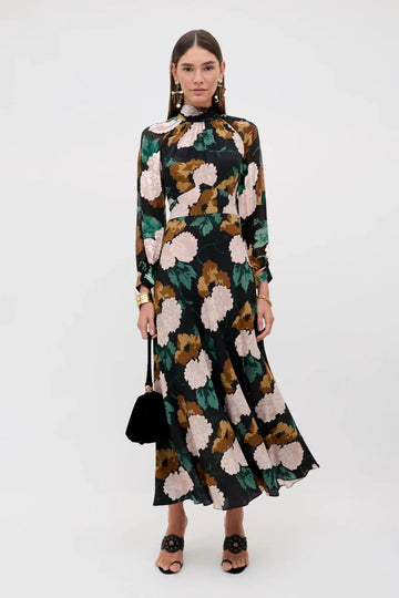 RIXO Paige Silk Maxi Dress Hydrangea Floral Charcoal