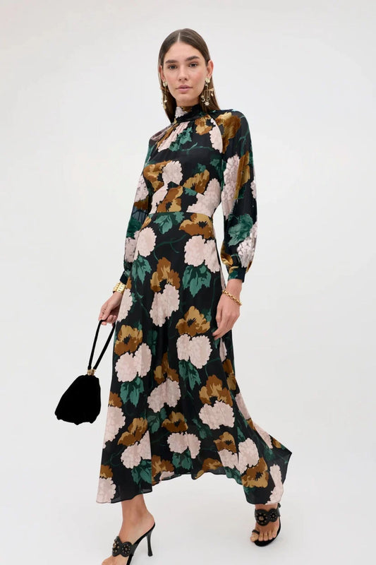 RIXO Paige Silk Maxi Dress Hydrangea Floral Charcoal