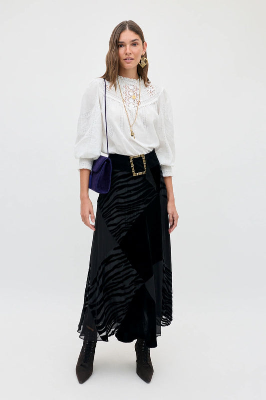 RIXO Patrizia Silk Velvet Patchwork Skirt Cooper Tiger Devore Black