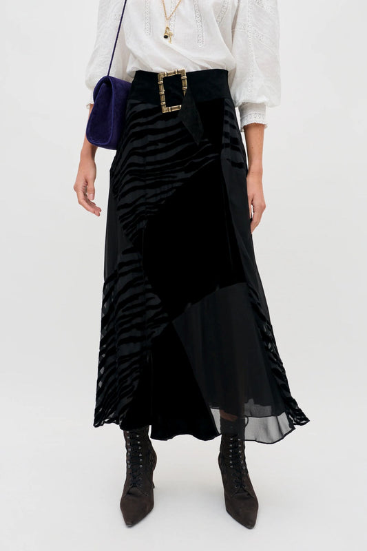 RIXO Patrizia Silk Velvet Patchwork Skirt Cooper Tiger Devore Black