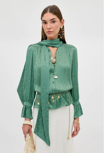 RIXO Evanora Satin Jacquard Blouse Floral Sage Green