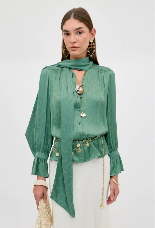 RIXO Evanora Satin Jacquard Blouse Floral Sage Green