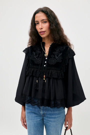 RIXO Diann Embroidered Cotton Blouse Lilly Black