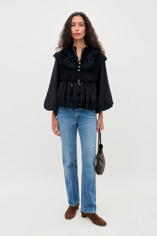 RIXO Diann Embroidered Cotton Blouse Lilly Black