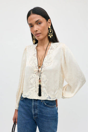 RIXO Tove Satin Jacquard Top Champagne