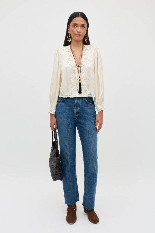 RIXO Tove Satin Jacquard Top Champagne