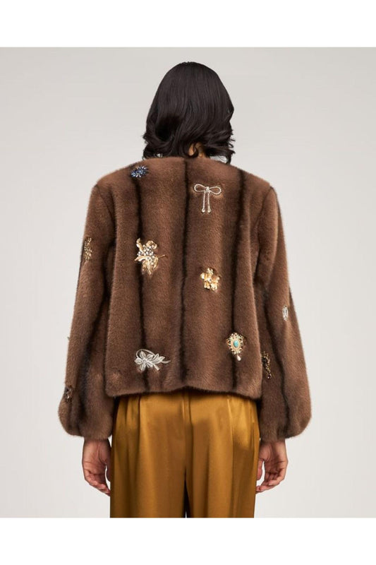 Cinq à Sept Jewel Clusters Faux Minx Benson Coat Taupe