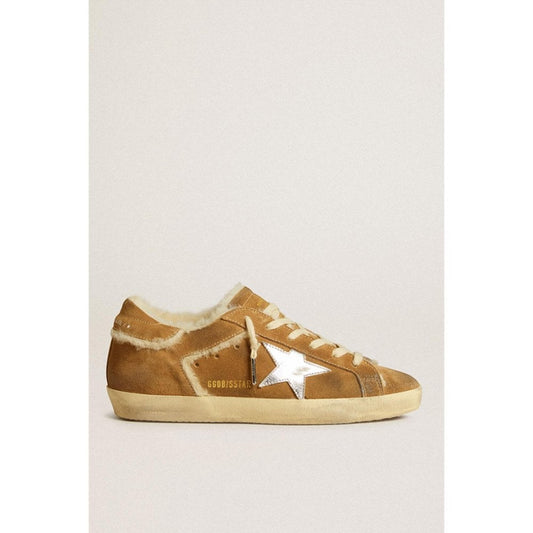 Golden Goose Tobacco Super Star With List Suede And Sheepskin Lined Upper Glitter Star