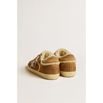 Golden Goose Tobacco Super Star With List Suede And Sheepskin Lined Upper Glitter Star