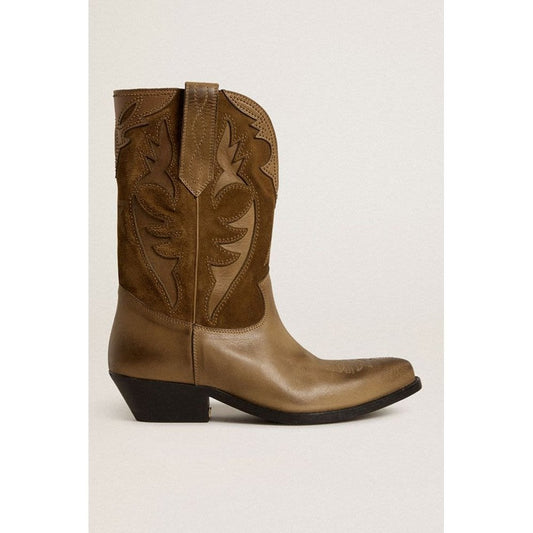 Golden Goose Wish Star Low Inlaid Embroidery Leather And Suede Upper Boots Khaki