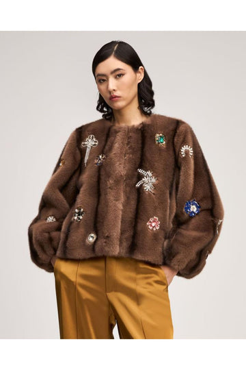 Cinq à Sept Jewel Clusters Faux Minx Benson Coat Taupe
