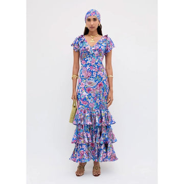 Rixo Amelle Silk Dress Cara Floral Devore Blue