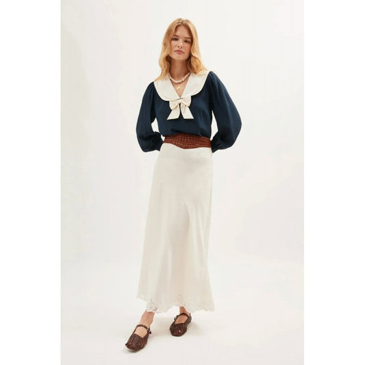 Rixo Crystal Linen Midi Skirt Cream