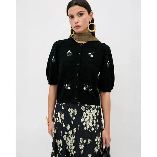 RIXO Minta Cardigan Summer Bud Embroidery Black